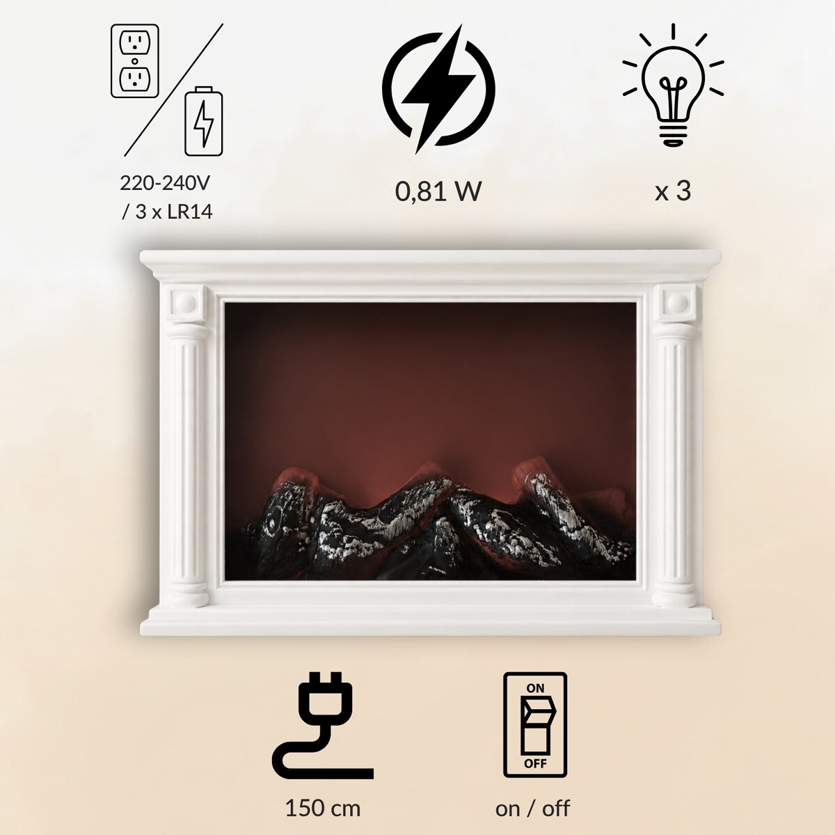 Kominek dekoracyjny LED w stylu klasycznym, 10 x 33 x 21 cm, kolor biały, tworzywo sztuczne