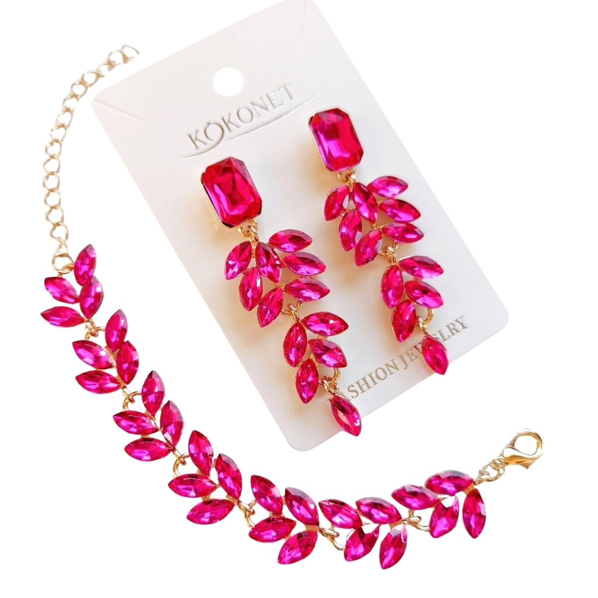Zestaw kolczyki i bransoletka fuksja pozłacany elegancki prezent