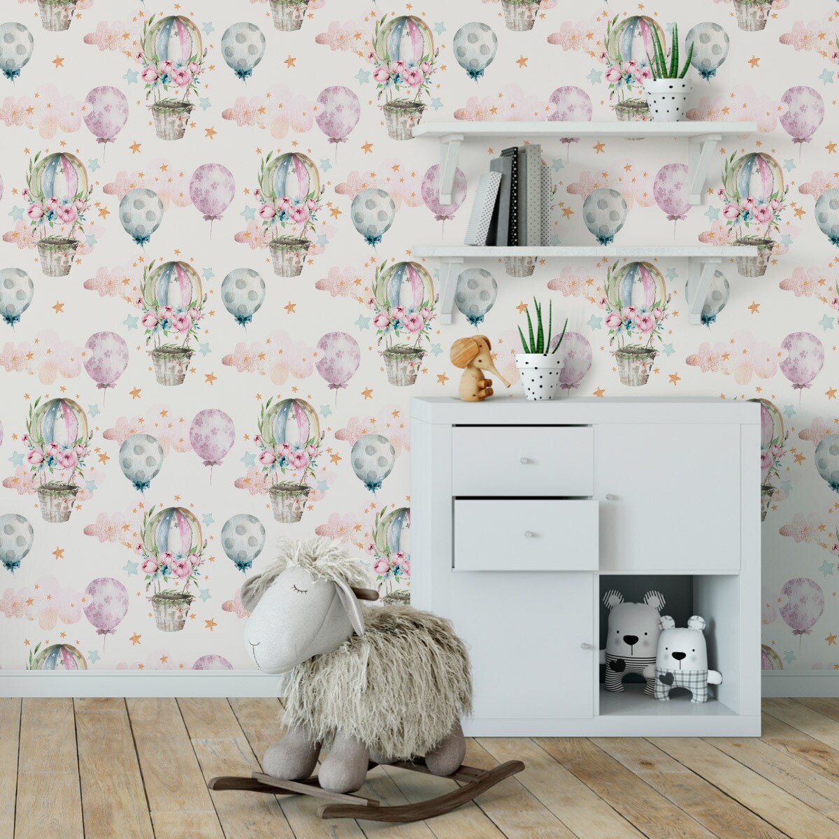 Tapeta dla dzieci balony kwiaty chmury gwiazdy