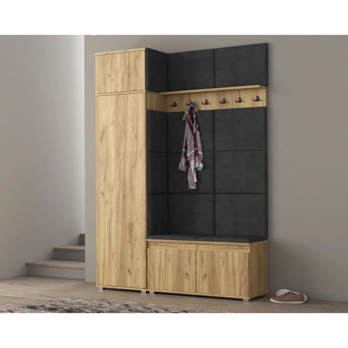 Garderoba z nadstawką i siedziskiem do przedpokoju SINGAPUR 154 dąb craft/szara