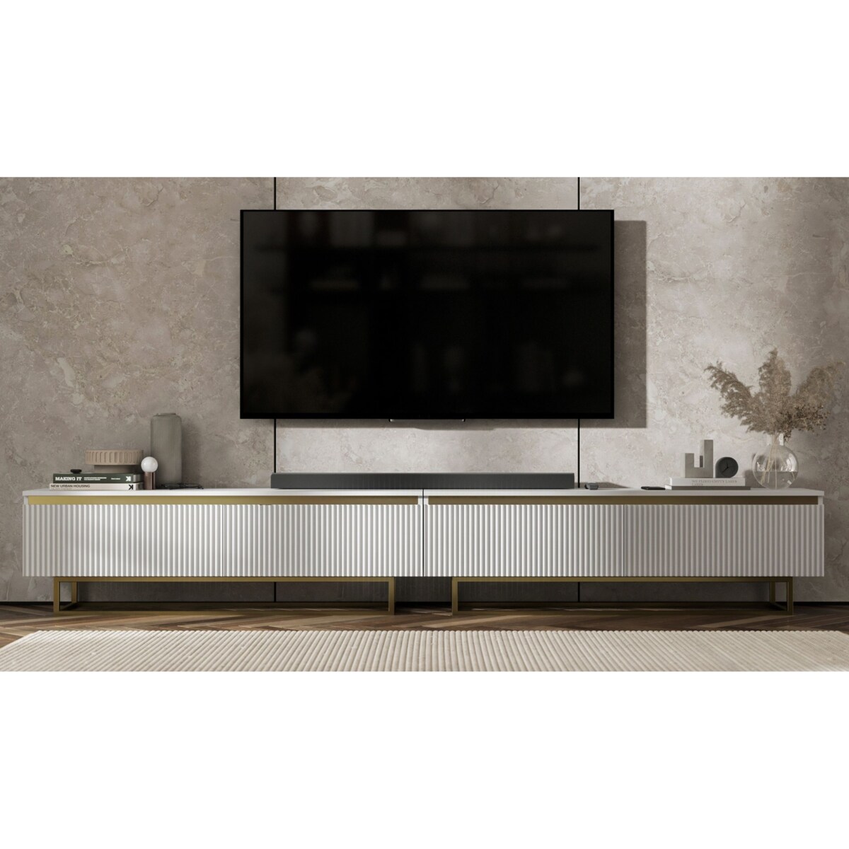 Nowoczesna Szafka RTV Glamour Komoda RTV Biały Mat 280 cm złote akcenty