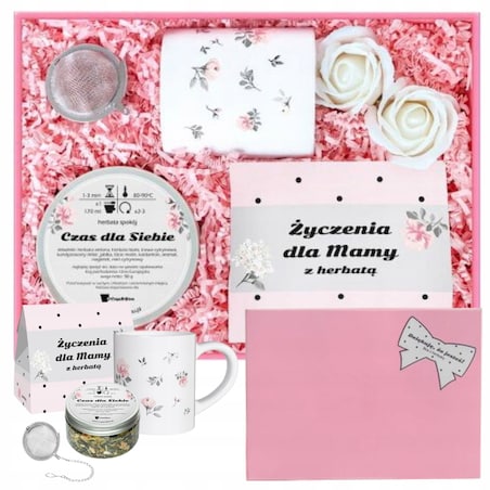 Zestaw prezentowy dla mamy z herbatą "Dziękuję, że jesteś". Box dla Mamy z herbatą, najlepszy pomysł na prezent upominek na Dzień Matki - zaparzacz, kubek, zestaw herbat, mydlane róże
