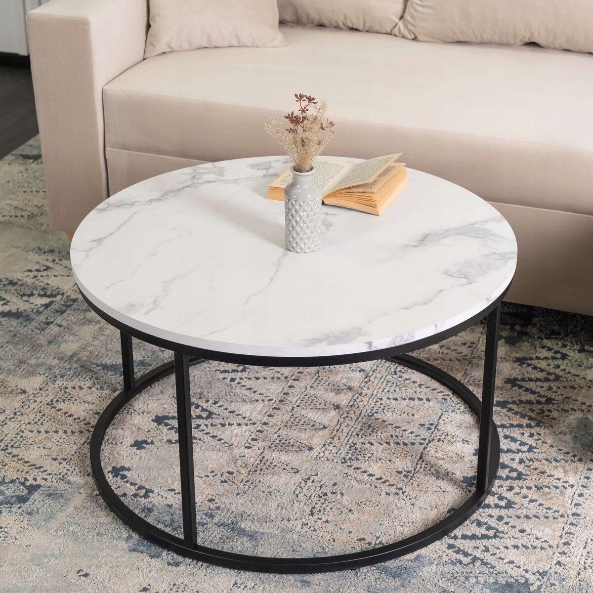 Stolik Kawowy Okrągły Glamour Biały Marmur Czarny CONNY MAX