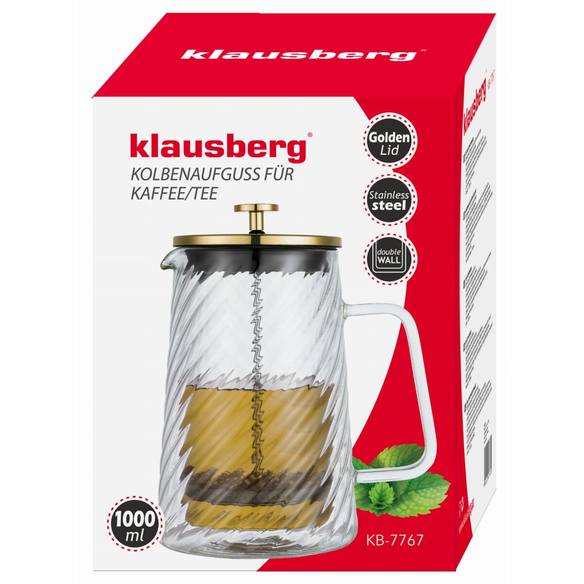 Zaparzacz do kawy herbaty szklany 1000ml French Press złoty KLAUSBERG
