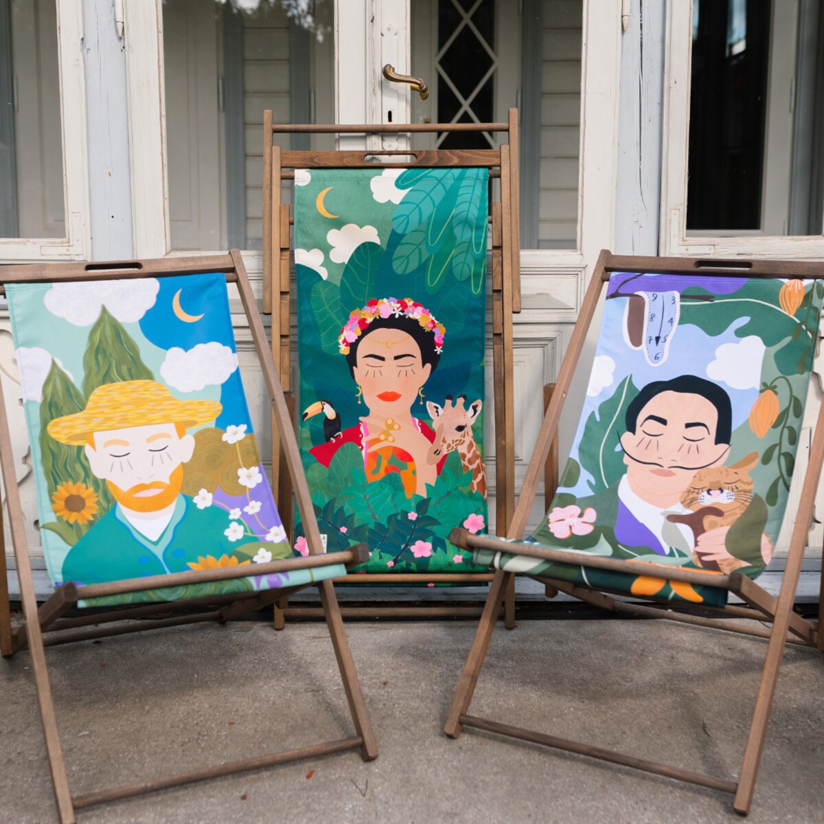 Leżak drewniany poszerzony Frida na prezent, zdejmowany materiał Laba Poland