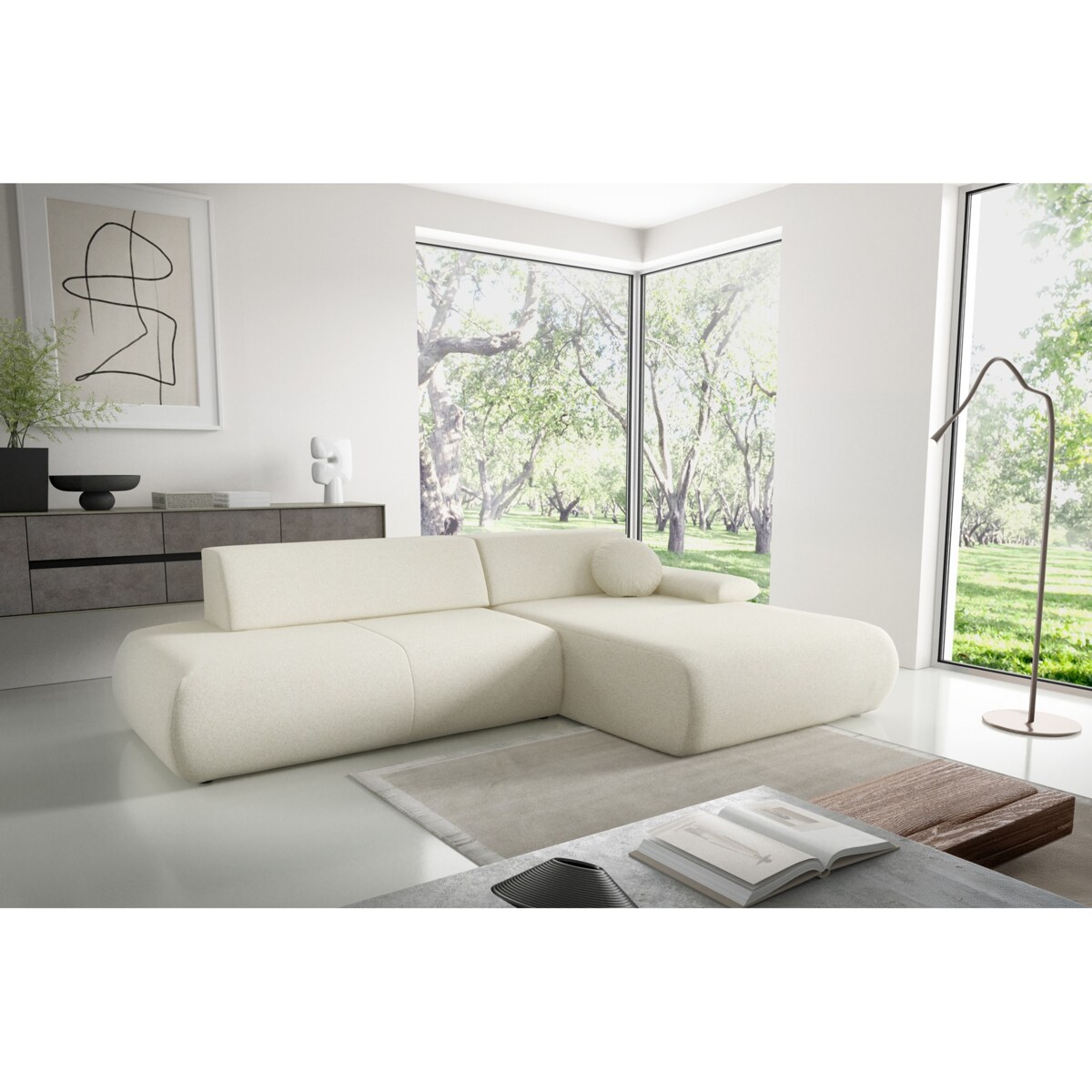 Narożnik rozkładany PENTI z pojemnikiem na pościel, prawy, ecru