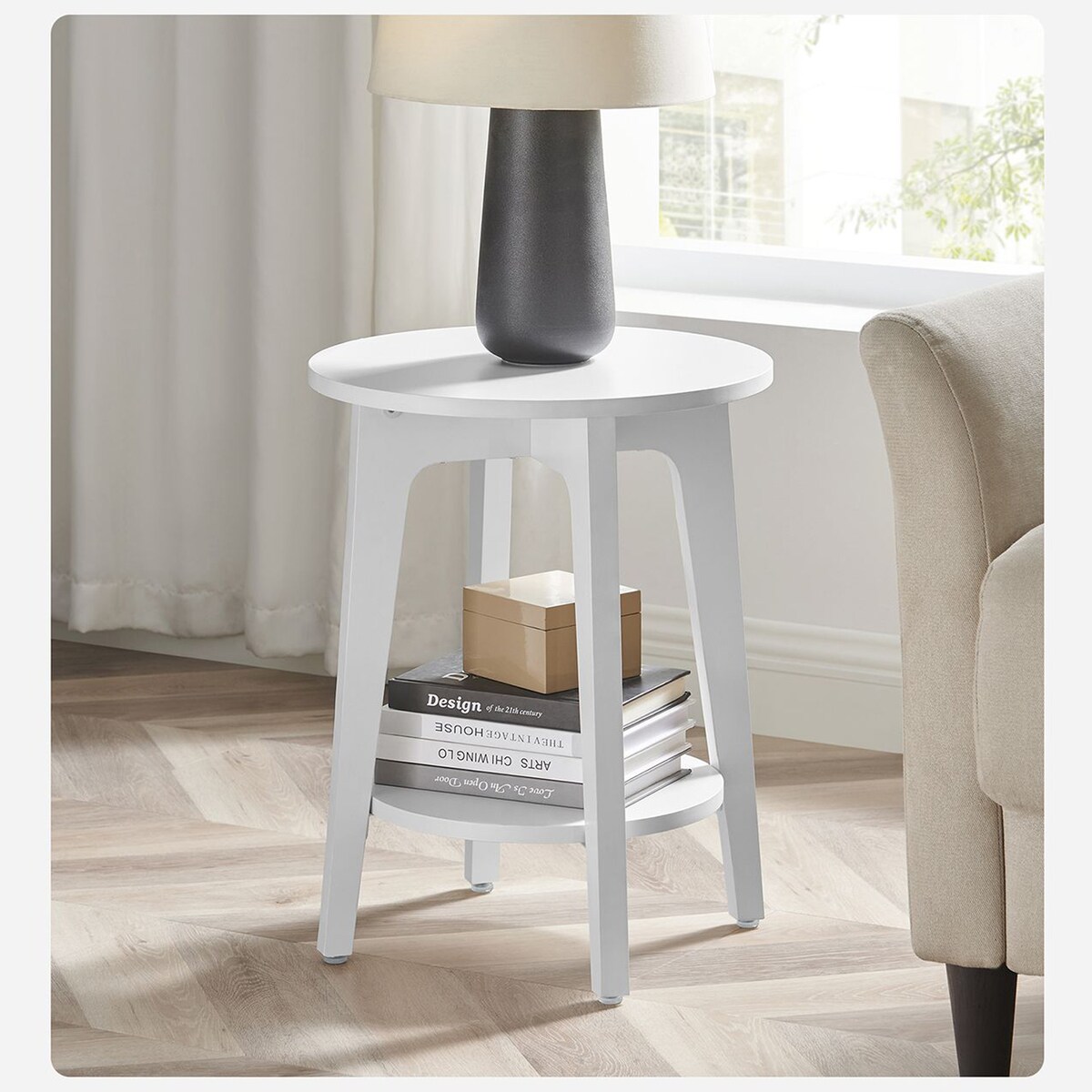 STOLIK KAWOWY BOCZNY OKRĄGŁY Z PÓŁKĄ - BIAŁY