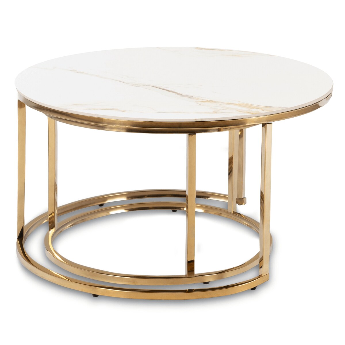 Stolik Kawowy Okrągły Zestaw 2w1 Ława Glamour Marmur Biały Złoty MILANO