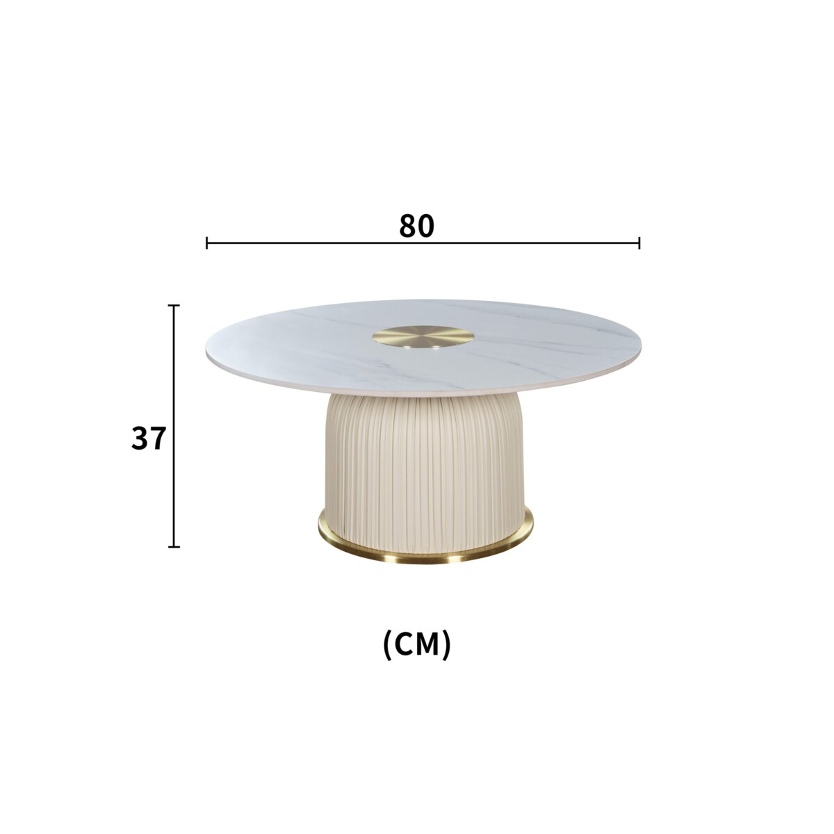 Nowoczesny złoty stolik kawowy okrągły plisowany Premium Blanka z kamiennym blatem o wzorze marmuru 80x80x37