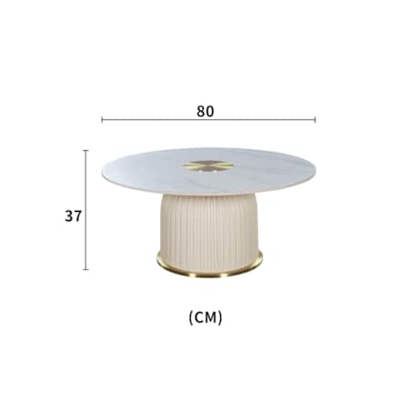 Nowoczesny złoty stolik kawowy okrągły plisowany Premium Blanka z kamiennym blatem o wzorze marmuru 80x80x37