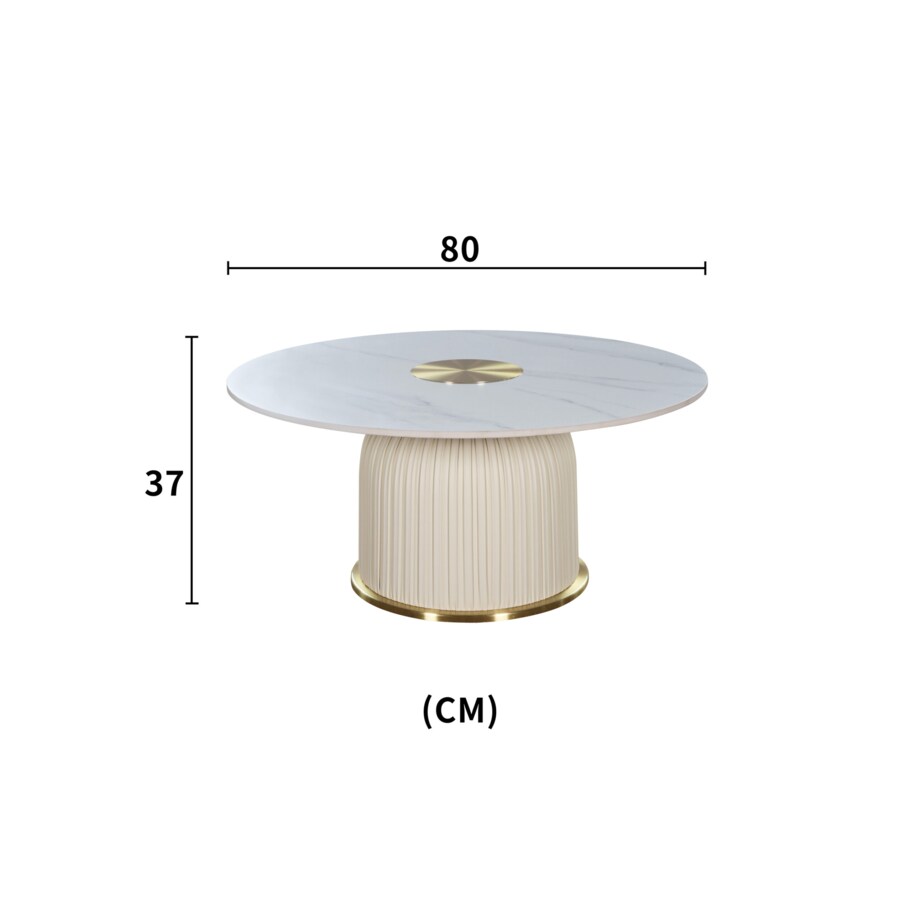 Nowoczesny złoty stolik kawowy okrągły plisowany Premium Blanka z kamiennym blatem o wzorze marmuru 80x80x37
