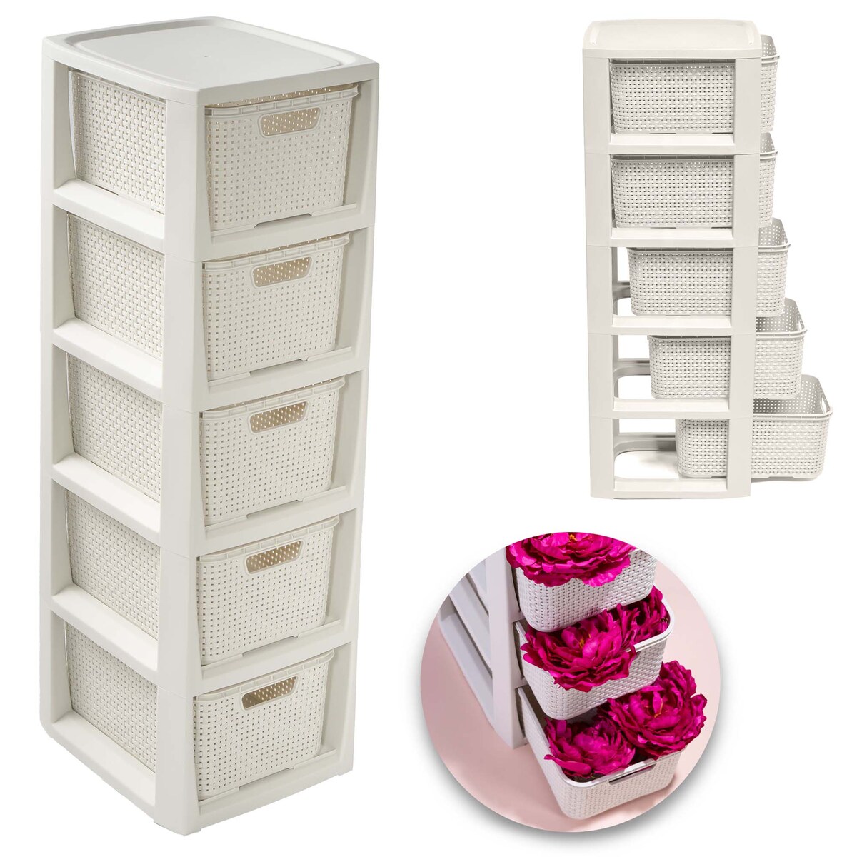 Regał Stojak Łazienkowy Rattanowy Szafka Z Koszami 5 X 7L Biały