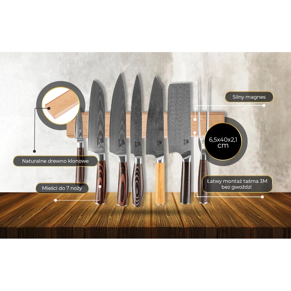 Shiori 撓 Hangu Suru listwa magnetyczna na noże z drewna klonowego