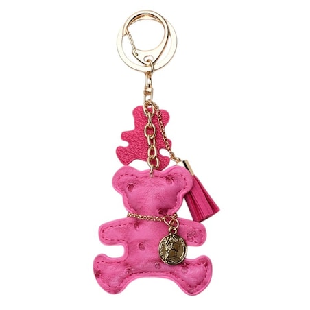 Brelok do kluczy skórzany MIŚ fuksja, frędzle BRL357