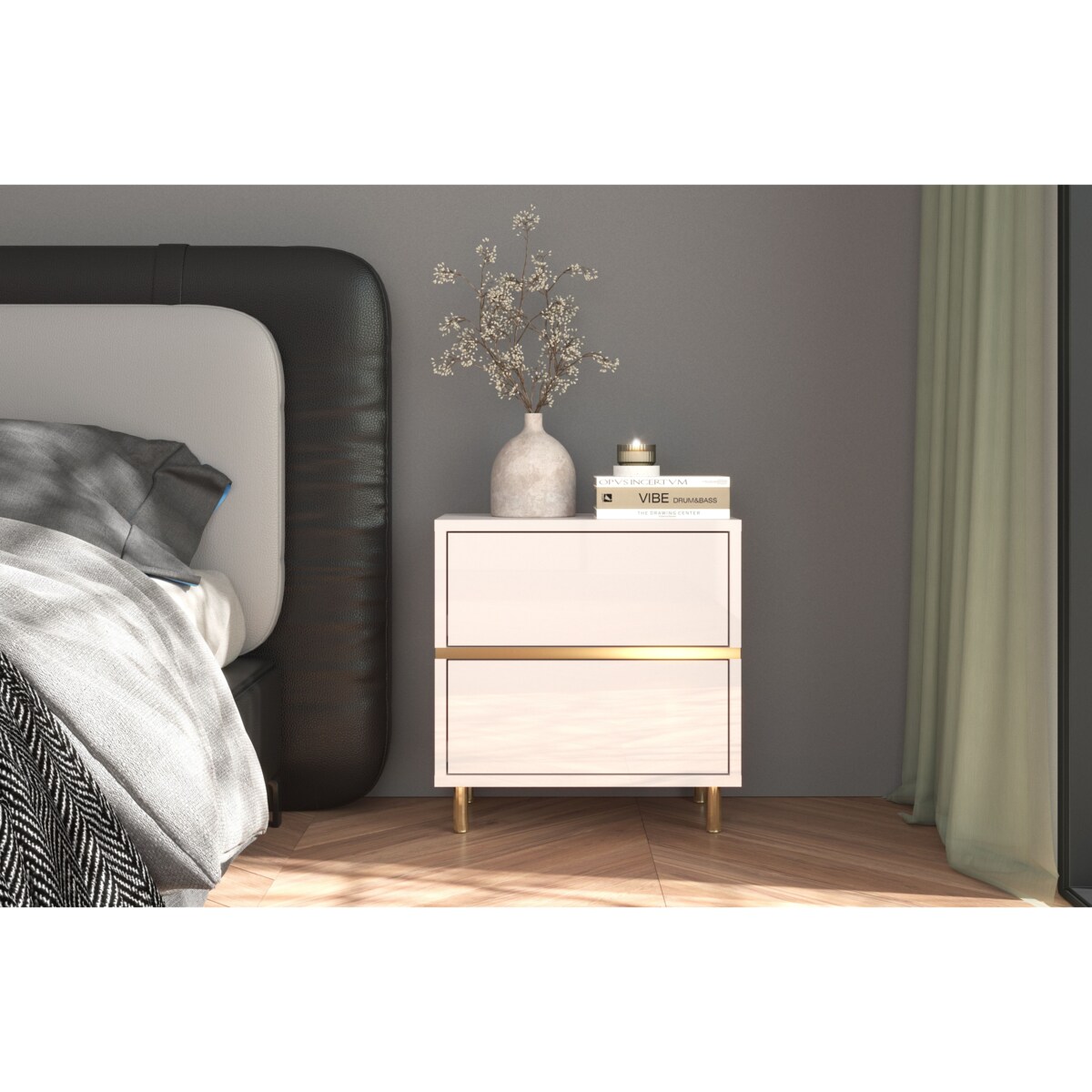 Elegancka biała szafka nocna Dancan MARIKA ze złotymi dodatkami