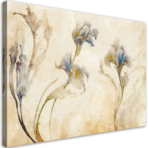 Modny Obraz do salonu sypialni biura łazienki Irysy Kwiaty Akwarela Beżowy 120x80