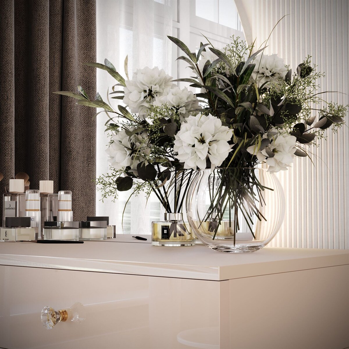 Toaletka kosmetyczna QUINNIE KASZMIR z lustrem LED złoty chrom, prawa, uchwyt biały kryształ