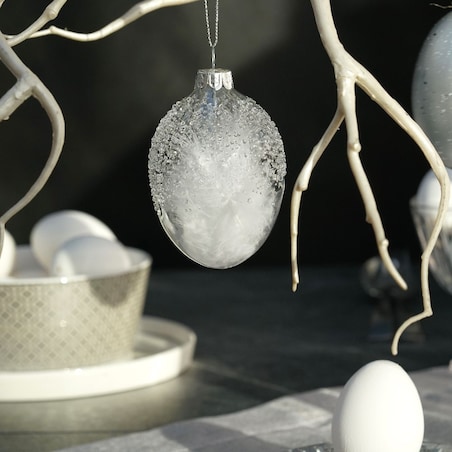 VILLA ITALIA Bombka jajko szklane z białymi piórkami 8,5 cm