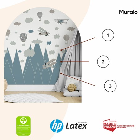 ZESTAW NAKLEJEK DLA DZIECI NIEBIESKIE GÓRY SAMOLOT BALONY CHMURY