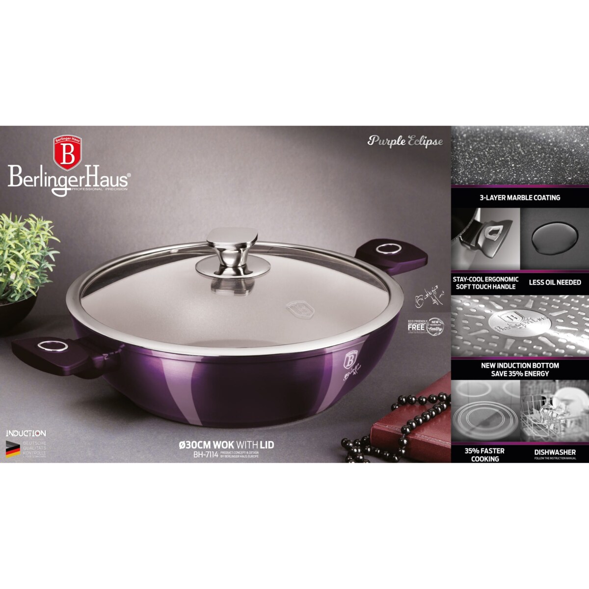 Wok z powłoką tytanową 30cm 4L BERLINGER HAUS Purple Eclipse