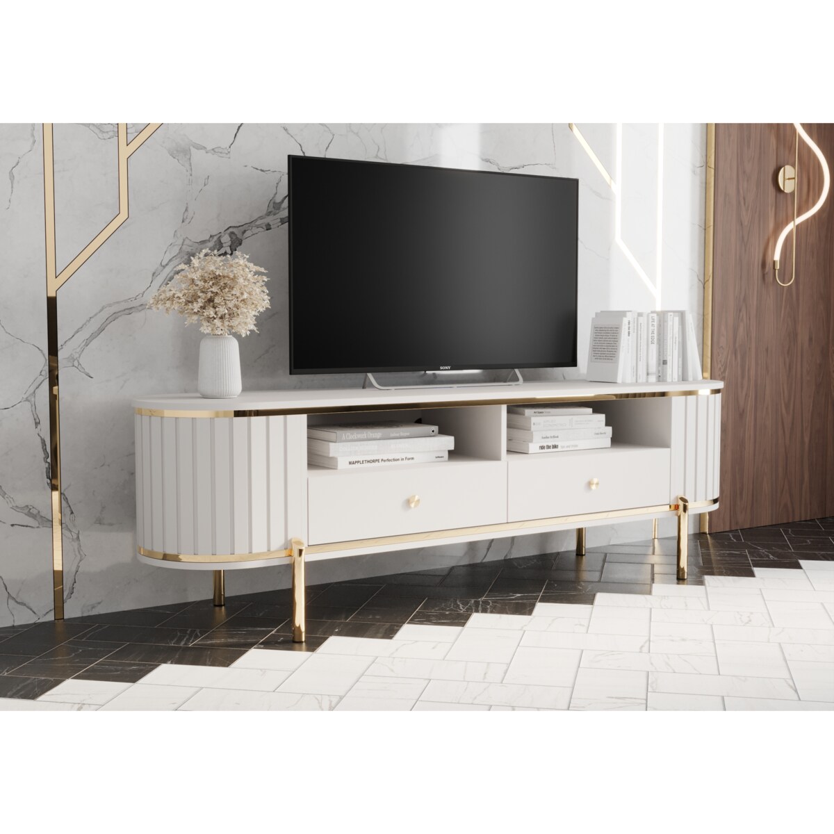 Szafka RTV półokrągła z lamelami NEW YORK 180 biały