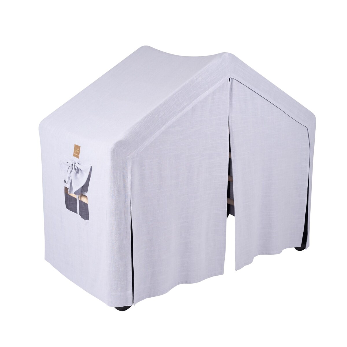 Duży Domek z Drabinką dla Dzieci 112x61x94cm, Drewno, Len, Wiskoza, Szaroniebieski Domek, Czarna Drabinka