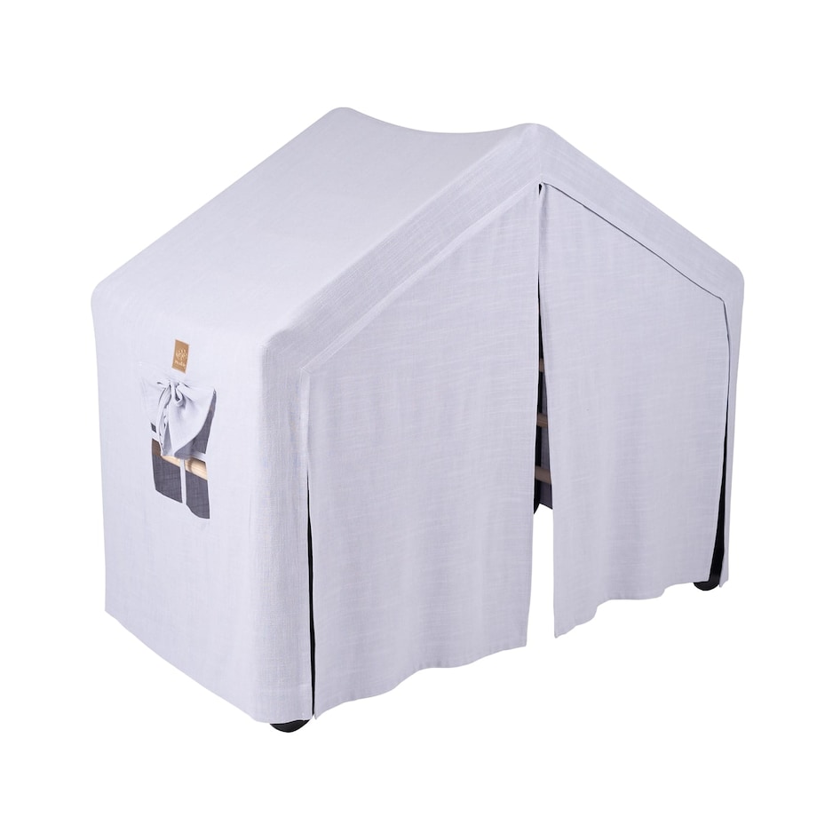 Duży Domek z Drabinką dla Dzieci 112x61x94cm, Drewno, Len, Wiskoza, Szaroniebieski Domek, Czarna Drabinka