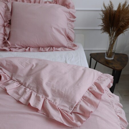 Pościel Bawełniana Z Falbanką Dziecięca Zestaw Komplet Brudny Róż 135X200 Cm + Poduszka 70X80 Cm
