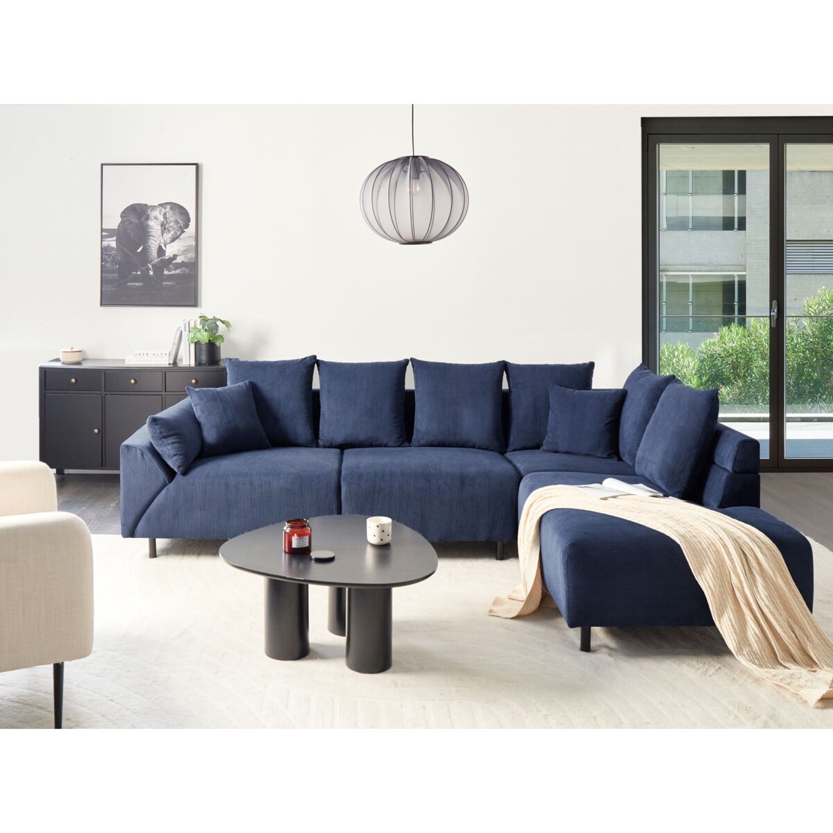 Narożnik LUNNER Sztruks Ciemnoniebieski dla 4 osób Lewostronny