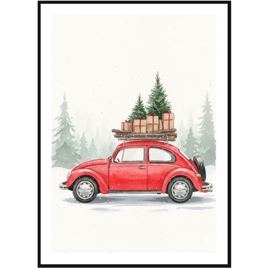 Poster Story, Plakat, Obraz - Czerwony Garbus na Tle Śniegu, wymiary 70 x 100 cm