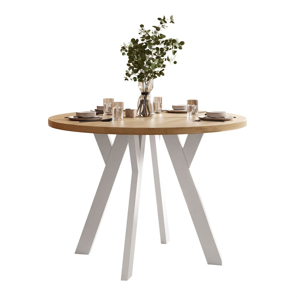 Okrągły stół rozkładany VOLTA LOFT, nogi białe, blat dąb craft złoty