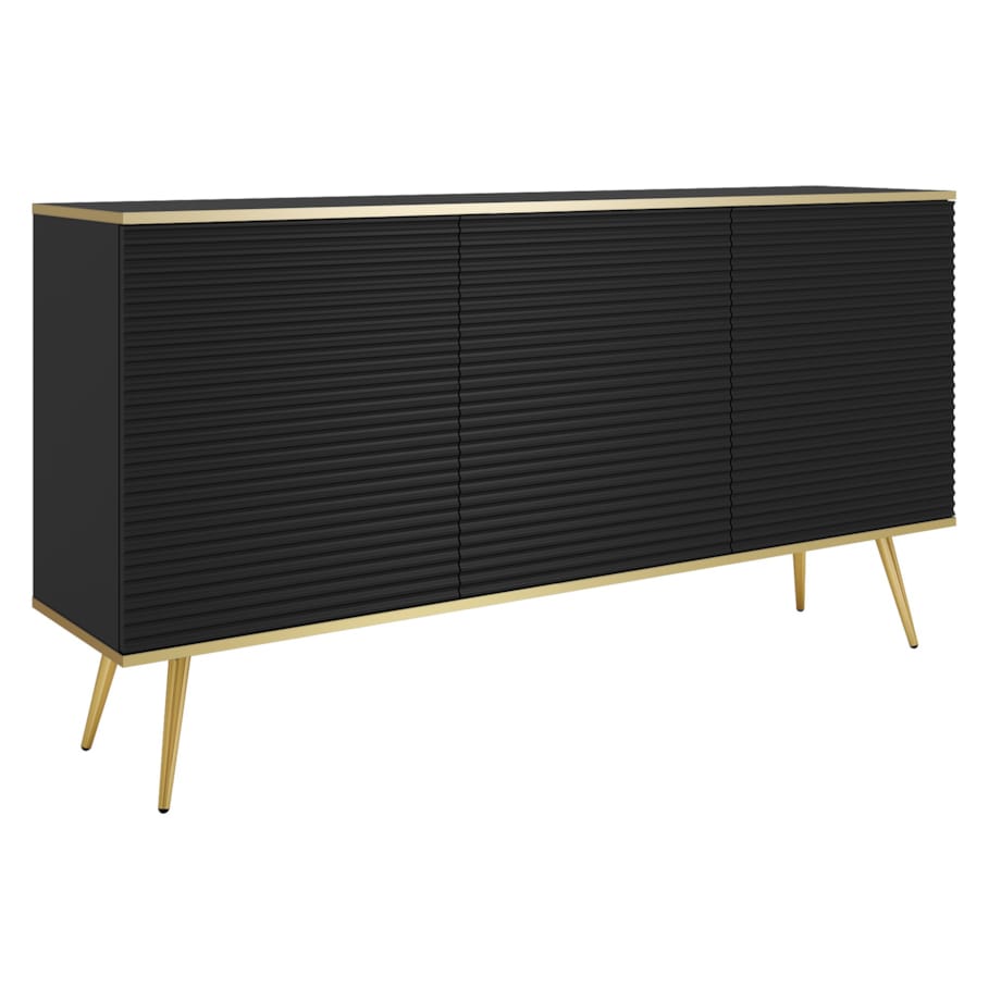 Komoda 160 POLO na wysokich złotych nożach, ryflowane fronty, czarna