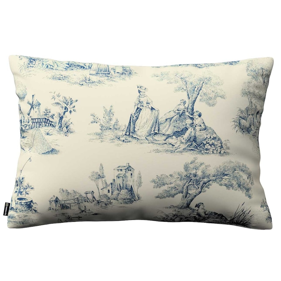 Poszewka Kinga na poduszkę prostokątną 47x28 scenki rodzajowe w kolorze niebieskim na tle ecru
