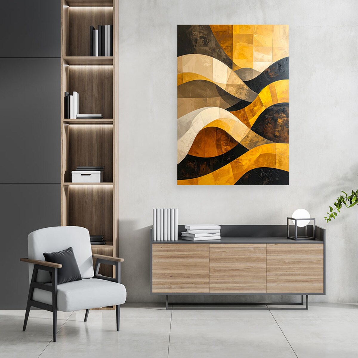 Obraz do salonu sypialni biura loftu, Abstrakcja linie kształty zółty czarny złoty