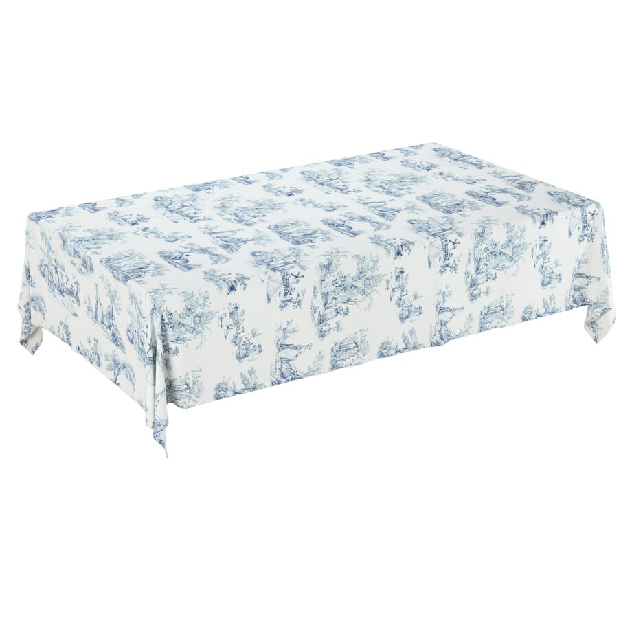 Obrus prostokątny 130 x 210 cm scenki rodzajowe w kolorze niebieskim na tle ecru