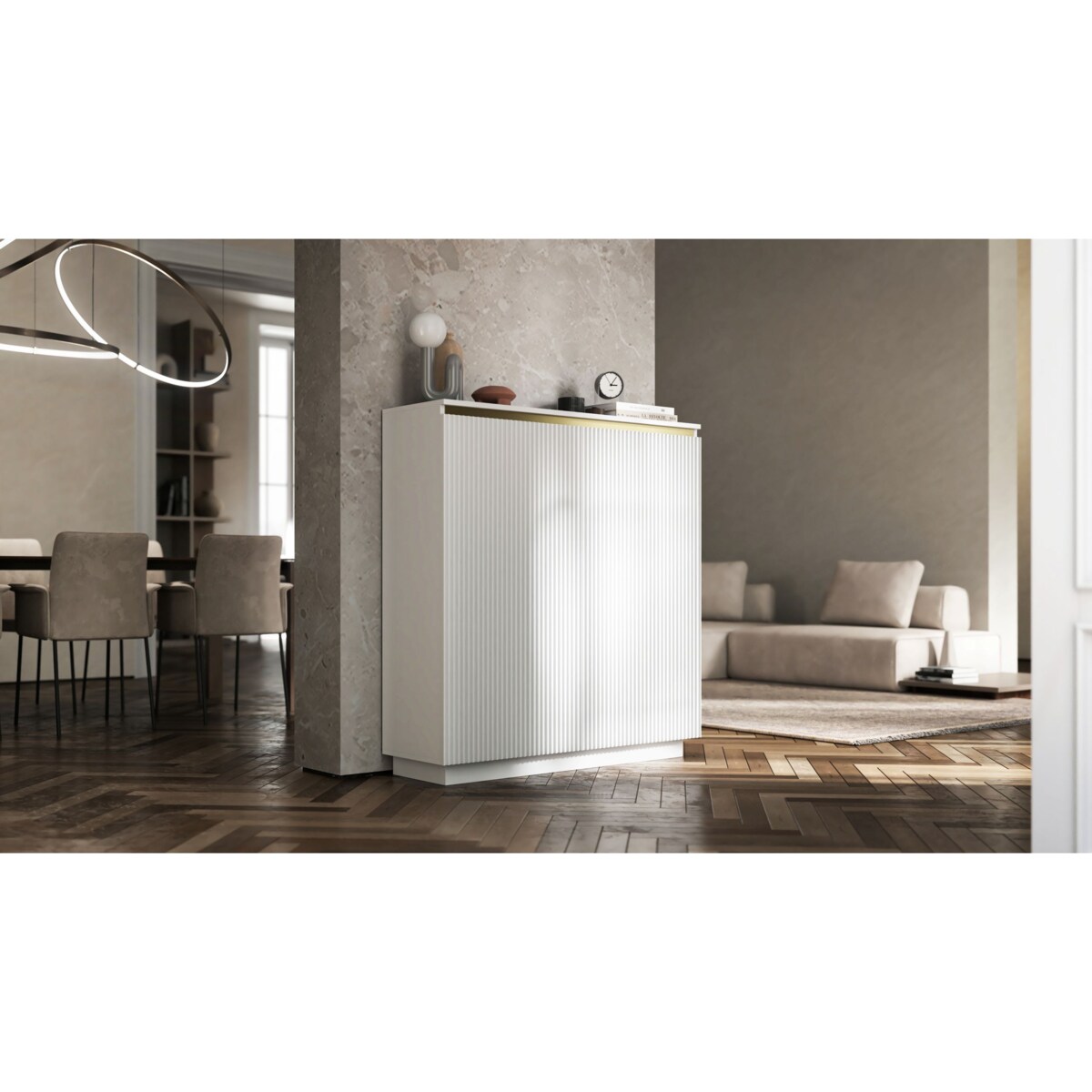 Nowoczesna Komoda Glamour Szafka RTV Biały MAT ryflowane fronty 110,8 cm