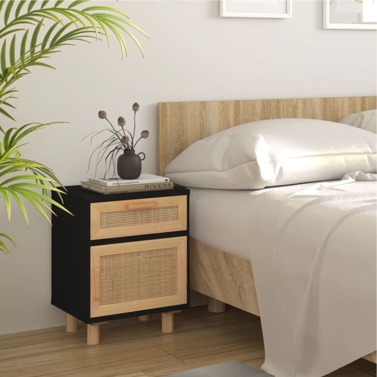 vidaXL Szafki nocne, 2 szt., czarne, lite drewno sosnowe i rattan