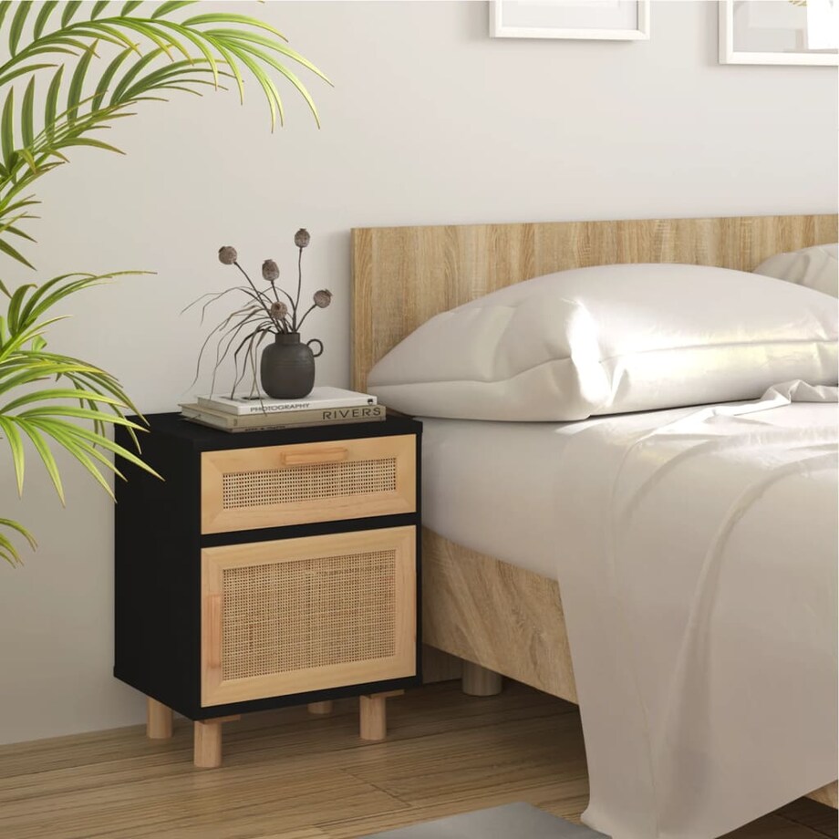 vidaXL Szafki nocne, 2 szt., czarne, lite drewno sosnowe i rattan