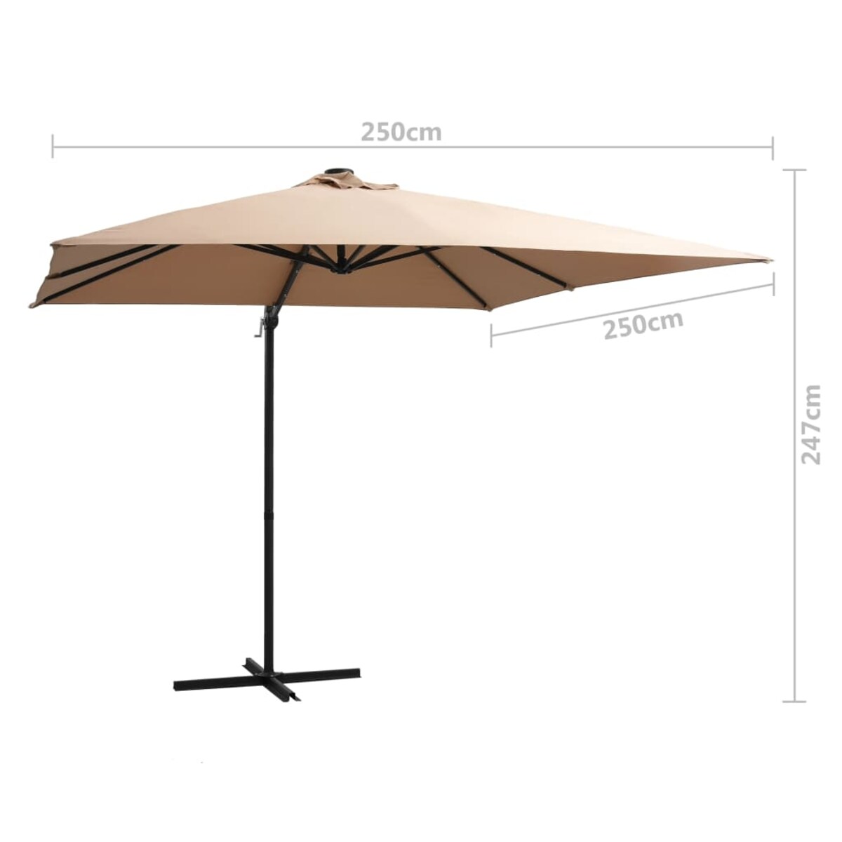 vidaXL Parasol wiszący z LED i stalowym słupkiem, 250x250 cm, taupe