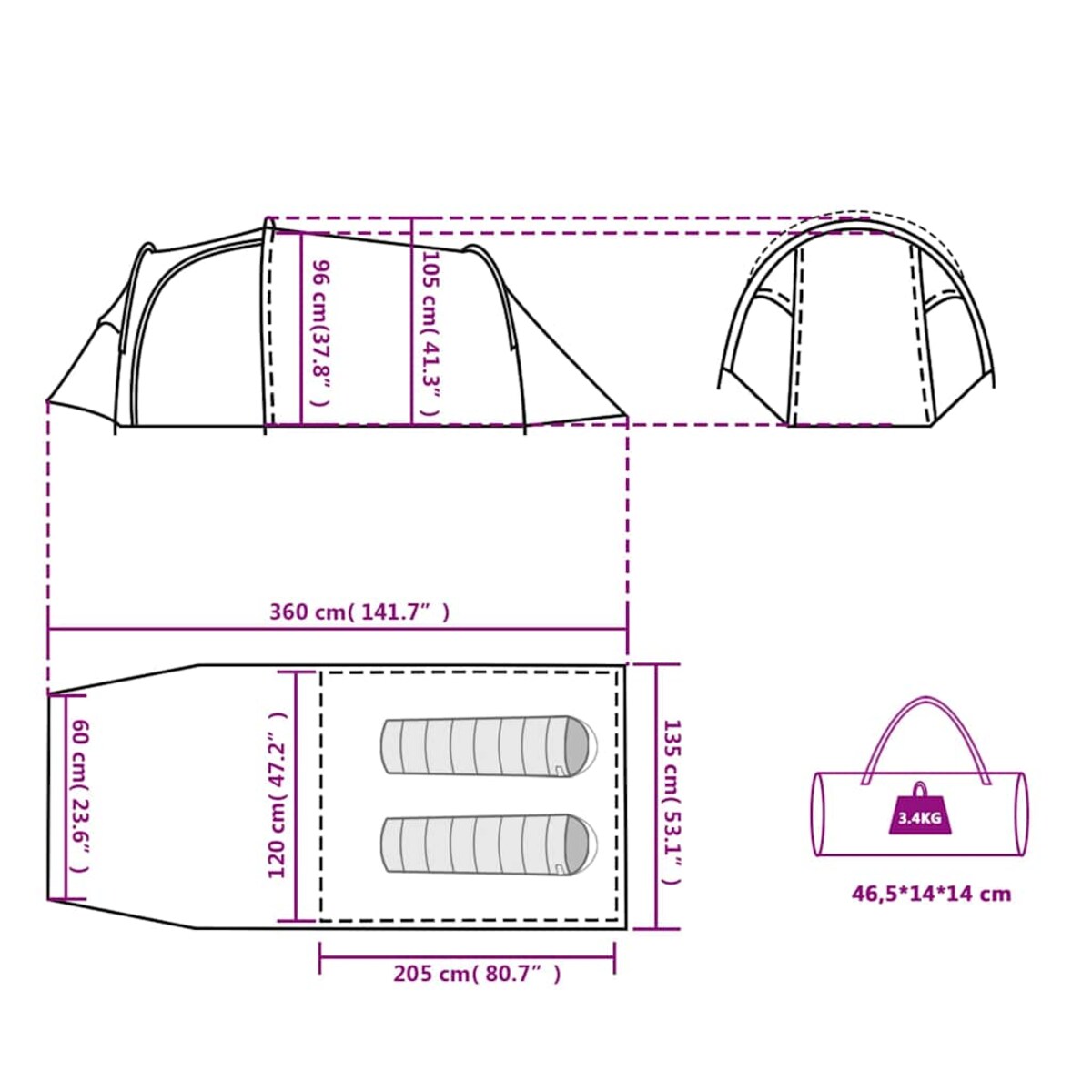 vidaXL Namiot turystyczny, 2-os., tunelowy, zielony, wodoszczelny