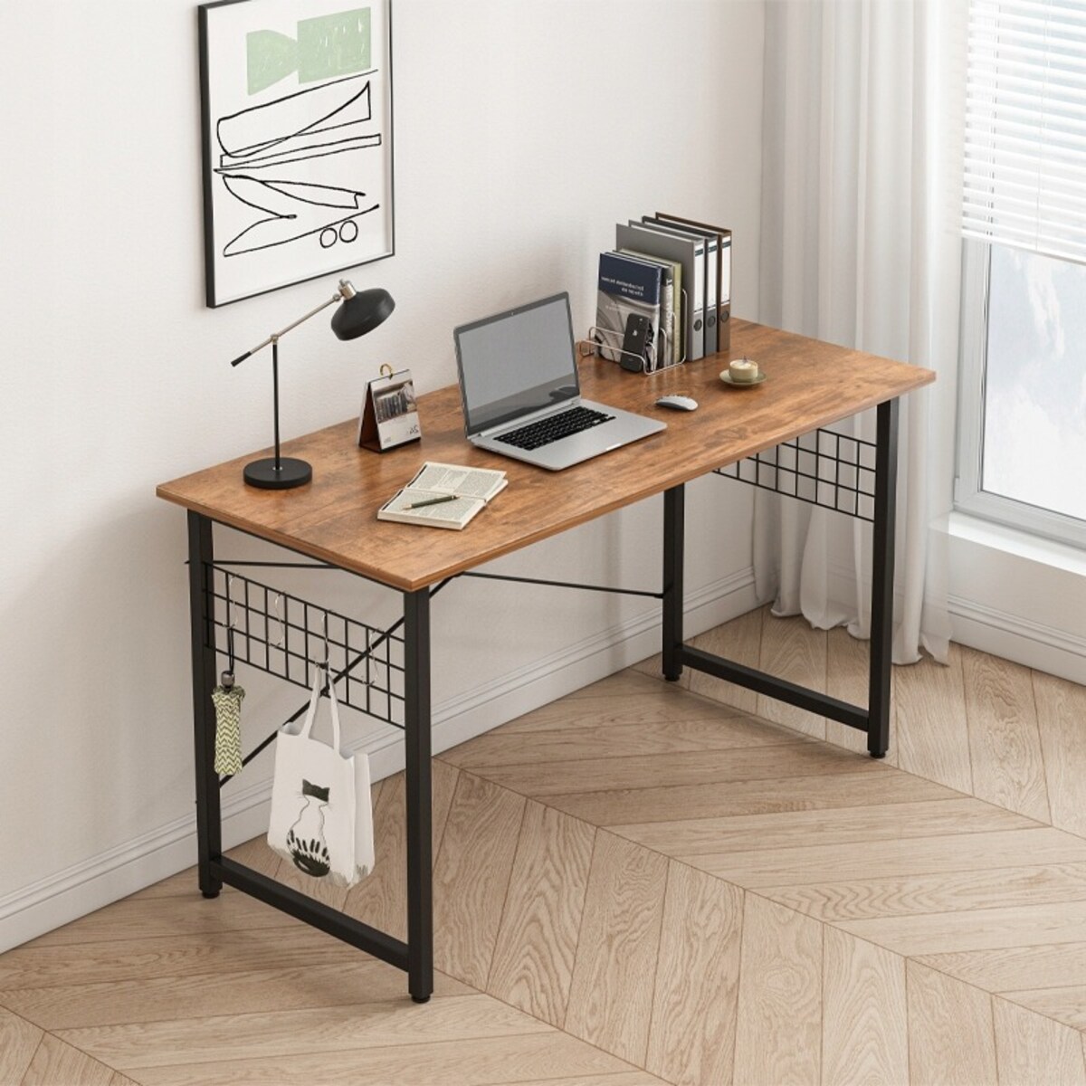 Biurko komputerowe loft industrialne szkolne rustykalny brąz z haczykami