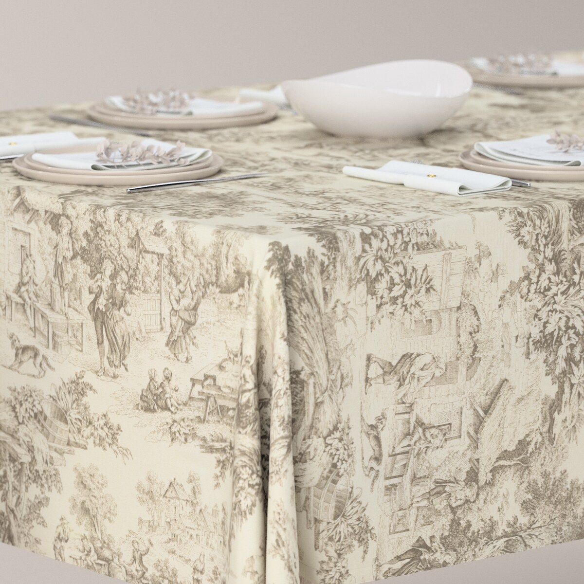 Obrus prostokątny 130 x 130 cm scenki rodzajowe w kolorze beżowym na tle ecru