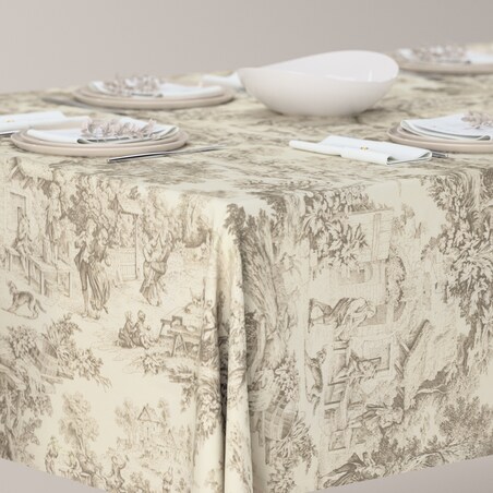 Obrus prostokątny 130 x 130 cm scenki rodzajowe w kolorze beżowym na tle ecru