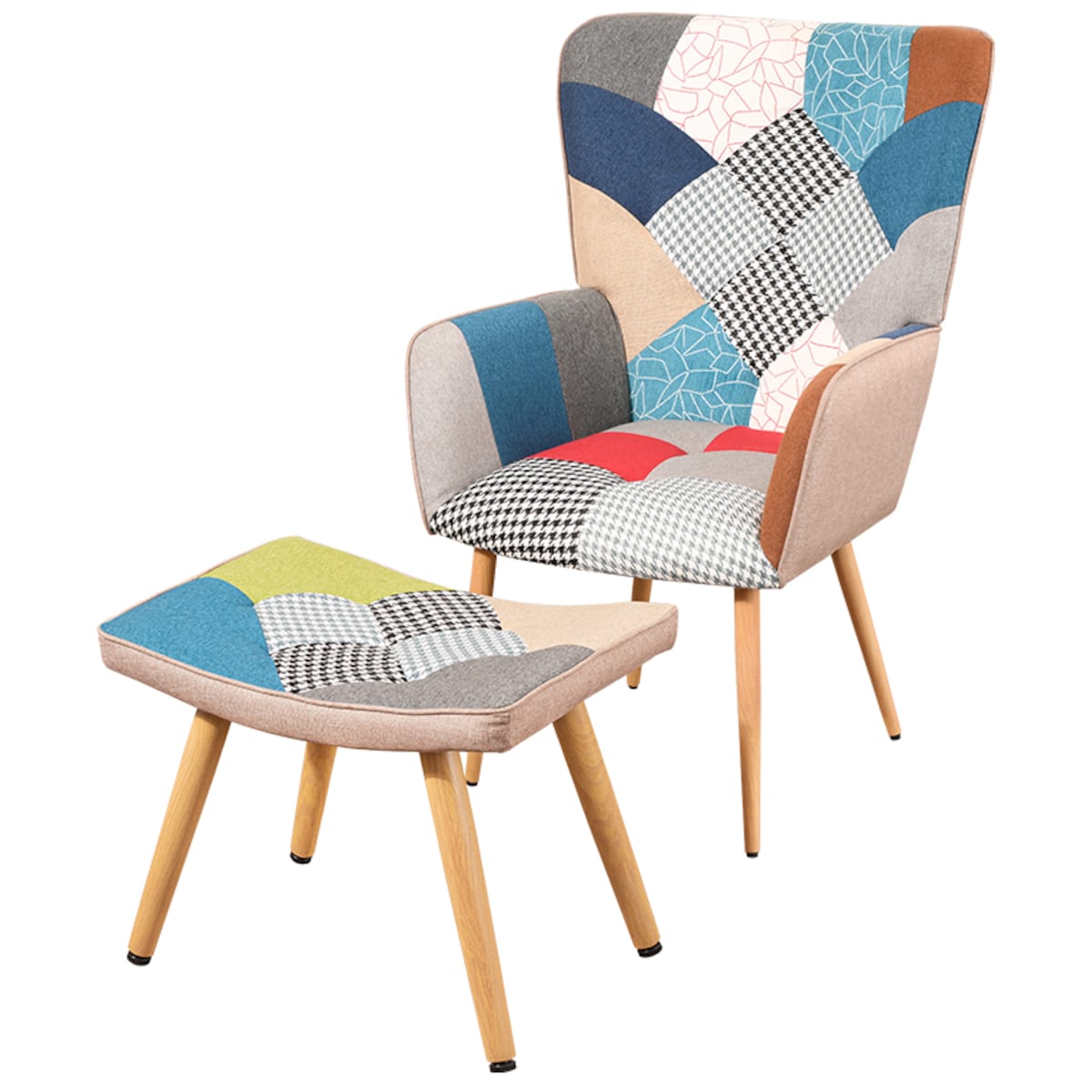 Fotel z podnóżkiem tapicerowanym wypoczynkowy patchwork do salonu wygodny