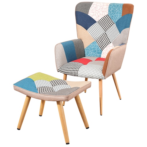 Fotel z podnóżkiem tapicerowanym wypoczynkowy patchwork do salonu wygodny