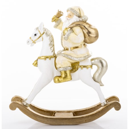 Święty Mikołaj na białym koniu na biegunach 22x20x8 cm z dzwonkiem i workiem