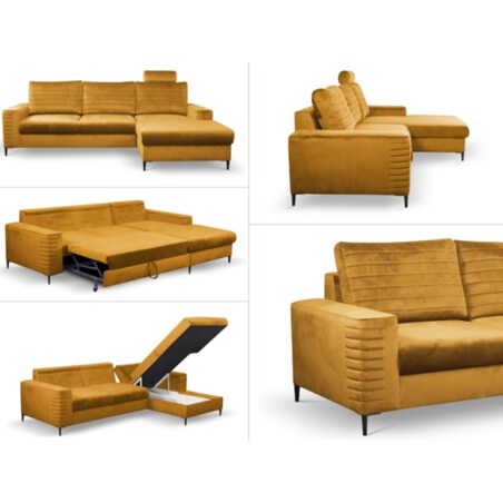 Narożnik rozkładany z zagłówkiem i pojemnikiem OLI prawostronny musztardowy