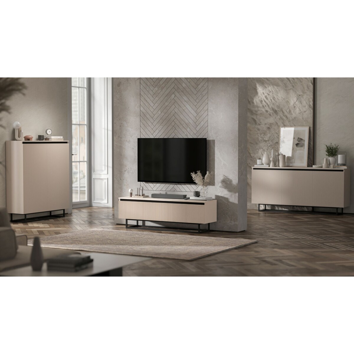 Nowoczesna Szafka RTV Glamour Komoda RTV Kaszmir Mat 140 cm czarny stelaż