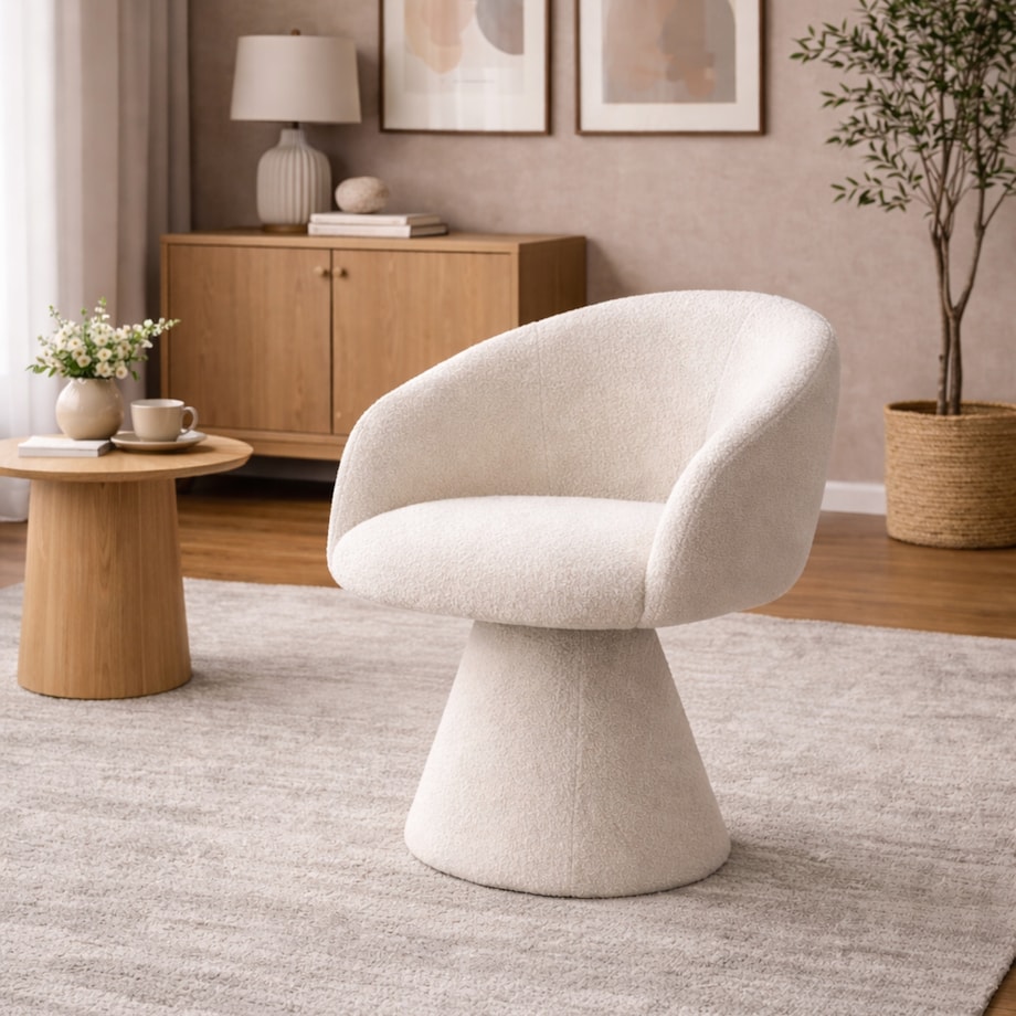 Fotel Obrotowy AUREO Krzesło do Salonu Białe BOUCLE Nowoczesny Designerski