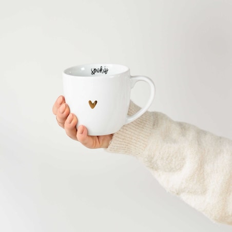 Biały kubek porcelanowy 300 ml - motyw złotego serca z napisem Spokój dla bliskiej osoby na każdą okazję